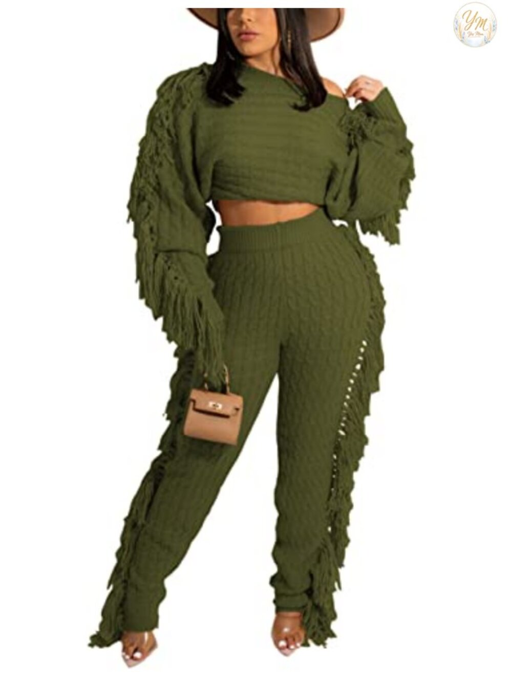 Cable Knit 2 Piece Sweater Set Crop Top & Pants Loungewear
